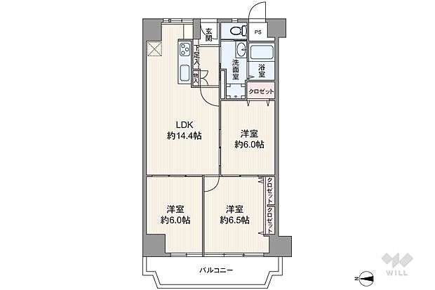 LDK約14.4帖のプラン。廊下が短い、居住空間が優先された造りです。バルコニー面積は9.48平米に、洋室2部屋が面しています。キッチン、トイレに窓が付いているのもポイントです。