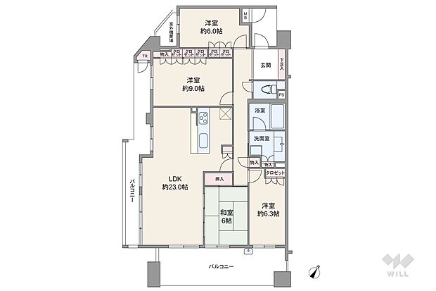 LDKと個室3部屋が二面のバルコニーに面した開放的なプラン。リビングは二面採光、和室と続き間になっています。LDKは約23.0帖のゆとりあり。個室はどの部屋も6帖以上の広さが確保されています。