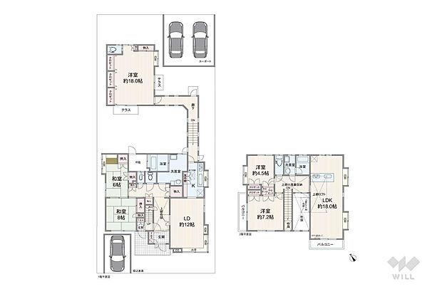 間取りは延床面積215.20平米の5LDK+LDK。玄関が2か所、各階にLDKとサニタリーが設けられた、分離型の二世帯住宅プラン。渡り廊下でつながった離れ（洋室約18.0帖）が特徴的です。