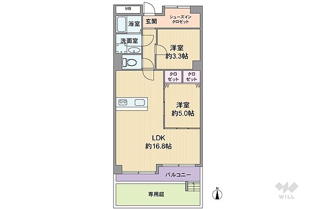 間取りは専有面積63.84平米の2LDK。バルコニーから降りられる専用庭付きプラン。LDKと洋室が続き間になっており、間仕切りを開放すれば部屋をつなげることもできます。