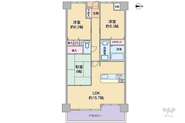 間取りは専有面積71.56平米の3LDK。LDKと和室が続き間になった横長リビングのプラン。和室は廊下側からも出入り可能な2WAY動線です。