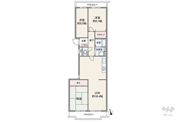 プライベートスペースとパブリックスペースを分けて使いやすいセンターインのプラン。バルコニーは二面あり、全居室がバルコニーに面しています（バルコニー面積11.04平米）。
