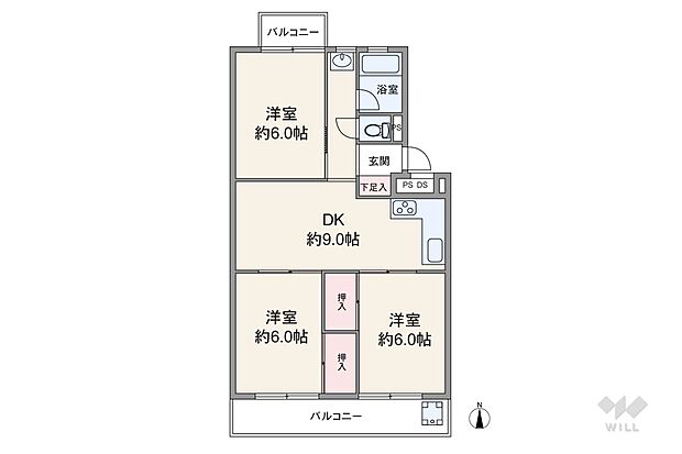 間取りは専有面積56.11平米の3DK。全個室6帖以上・センターインのプラン。DKが中央に配置されており、メインバルコニー側の洋室2部屋と続き間になっています。