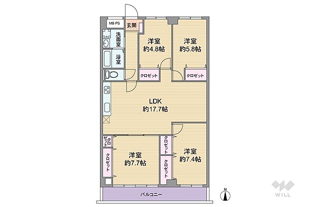 【間取り図】全居室洋室仕様のセンターリビングプラン。LDKを通って個室に出入りする造りのため、家族でコミュニケーションを取りやすい造りです。全個室に収納あり。バルコニー面積は8.74平米です。