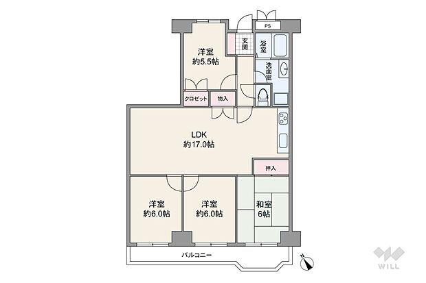 間取りは4LDK。個室3部屋がバルコニーに面した、ワイドスパンのプラン。LDKを通って出入りする個室が多いため、リビングで家族と顔を合わせやすい造りになっています。バルコニー面積は11.01平米です。