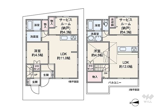 延床面積96.39平米の1SLDK+1SLDK。キッチン・浴室・洗面室が各階に設けられた2世帯に対応したプラン。どちらの階もLDKを中心に個室や水回りが配置された家族が顔を合わせやすい造りです。