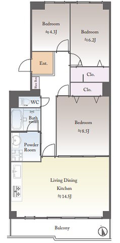 3LDK、価格2199万円、専有面積84.65m2、バルコニー面積16.82m2 84.65平米の広々3LDKです♪