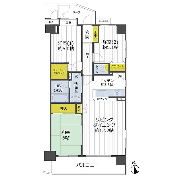 各居室5畳以上、70平米超の整形3LDK。