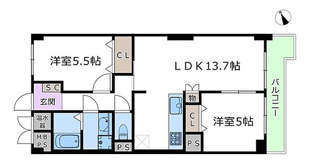 日興総持寺スカイマンション(2LDK) 2階の間取り図