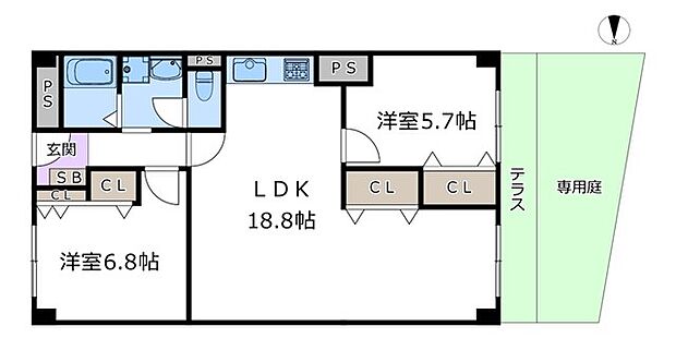 千里レックスマンションA棟(2LDK) 1階の間取り図