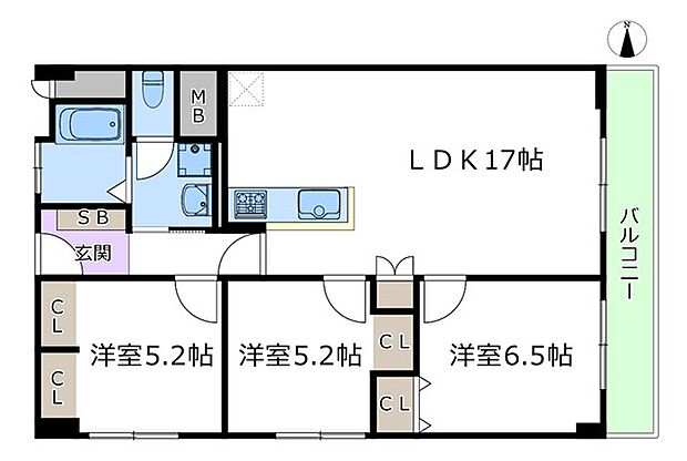 北摂マンション(3LDK) 3階の間取り図