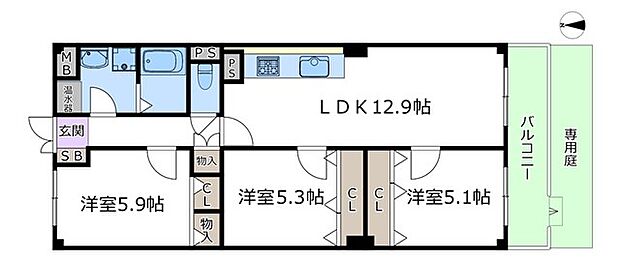 千里山東スカイハイツ(3LDK) 1階の間取り図