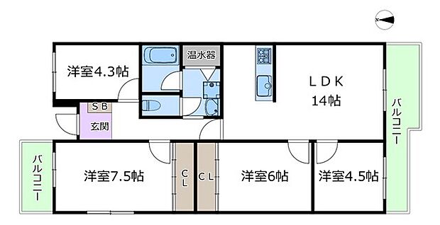 千里山田コーポラスA棟(4LDK) 4階の間取り図