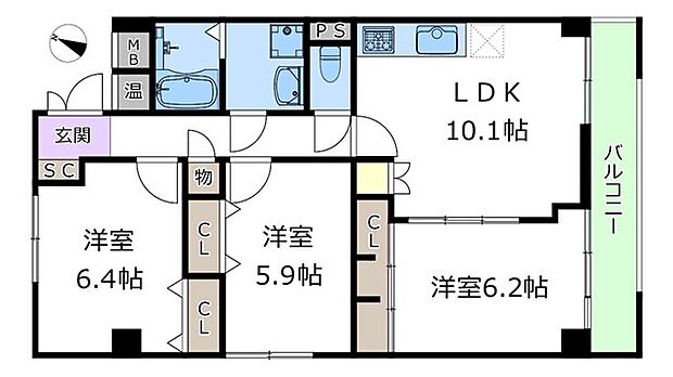 グリーンタウン茨木一番館(3LDK) 5階の間取り図