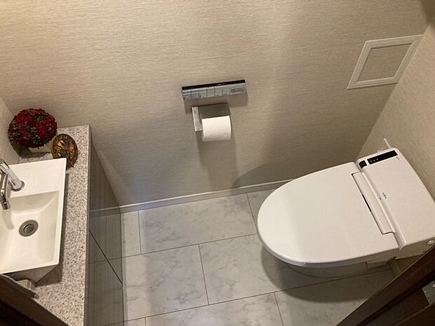 手洗いカウンター付の清潔感があるトイレ。