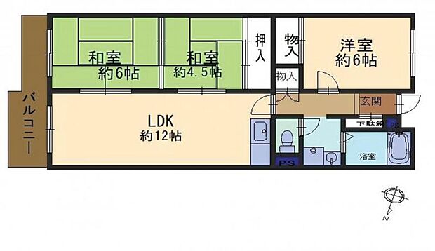 八戸ノ里第二ガーデンハイツ(3LDK) 6階の間取り図