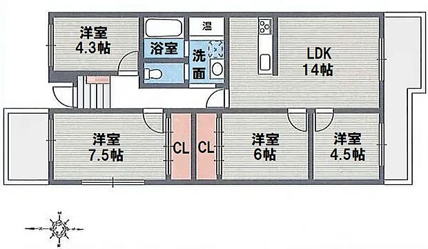 千里山田コーポラスＡ棟(4LDK) 4階の間取り図