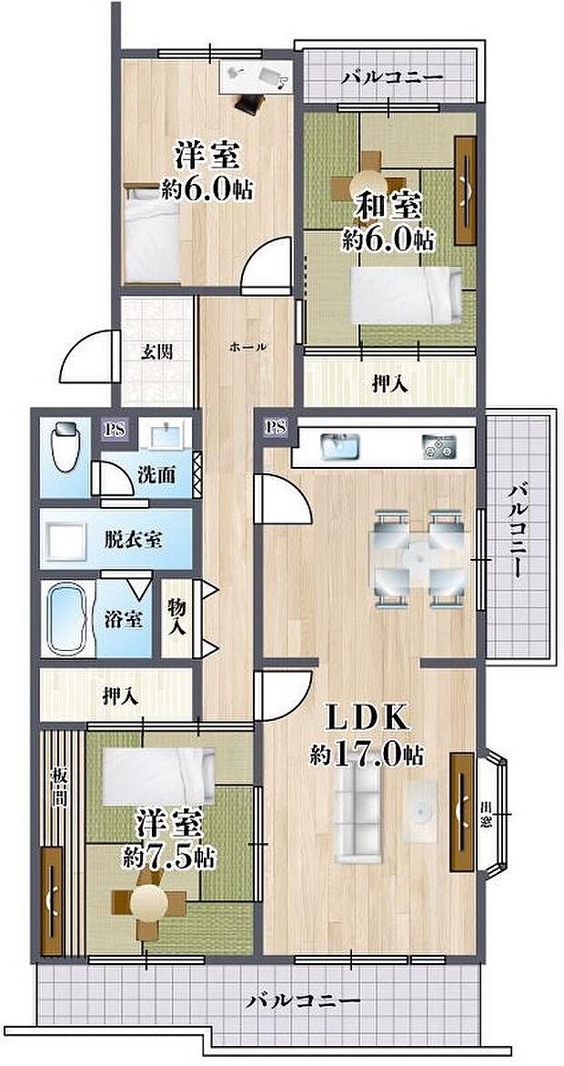 若山台第3住宅15号棟(3LDK) 5階の間取り図