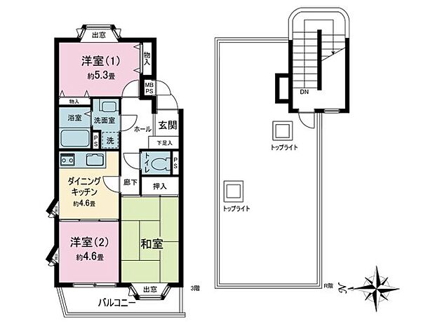 ライオンズマンション六浦台(3DK) 3階の間取り図