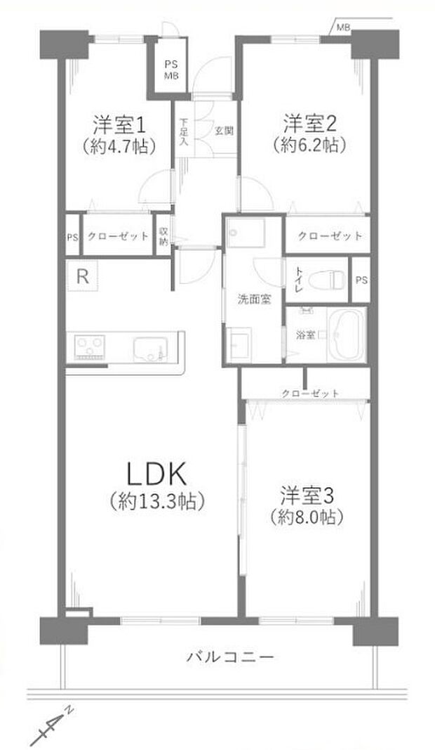 みよしみずほ台サンライトマンションE棟(3LDK) 6階/609号室の間取り図