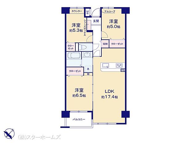 シティパル八柱(3LDK) 3階の間取り図