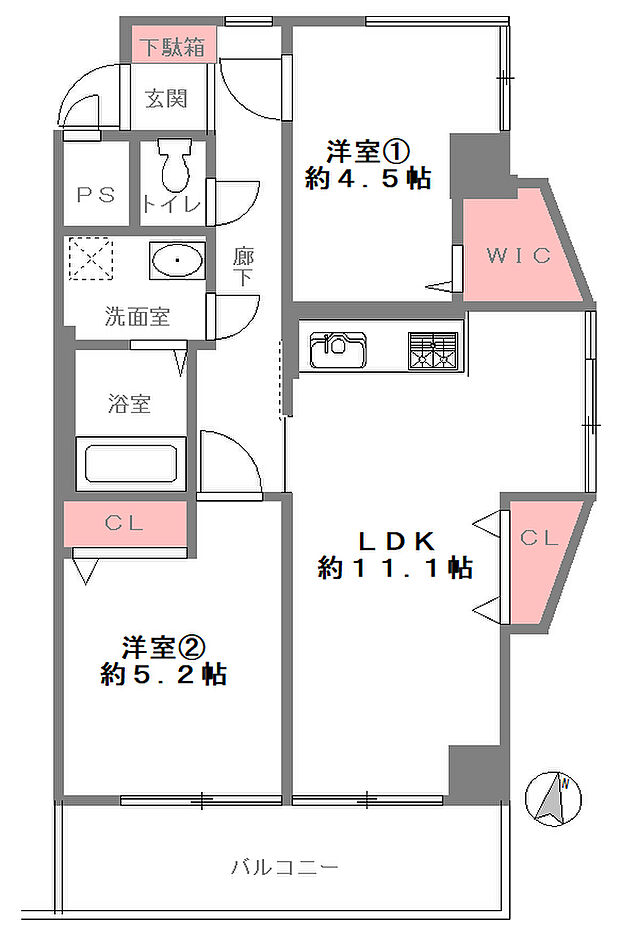 エスリード福島(2LDK) 2階の間取り図