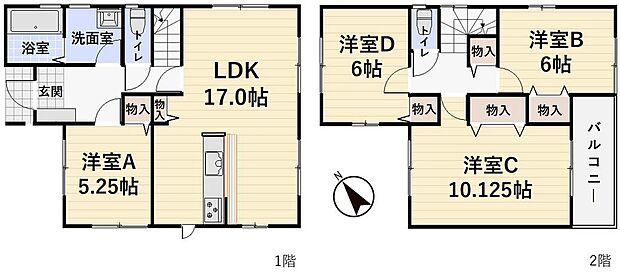 4LDK 全室収納付き。子育て世代や趣味の部屋が欲しい方など幅広く対応。１7帖のLDKと10.12帖のゆとりの居室。