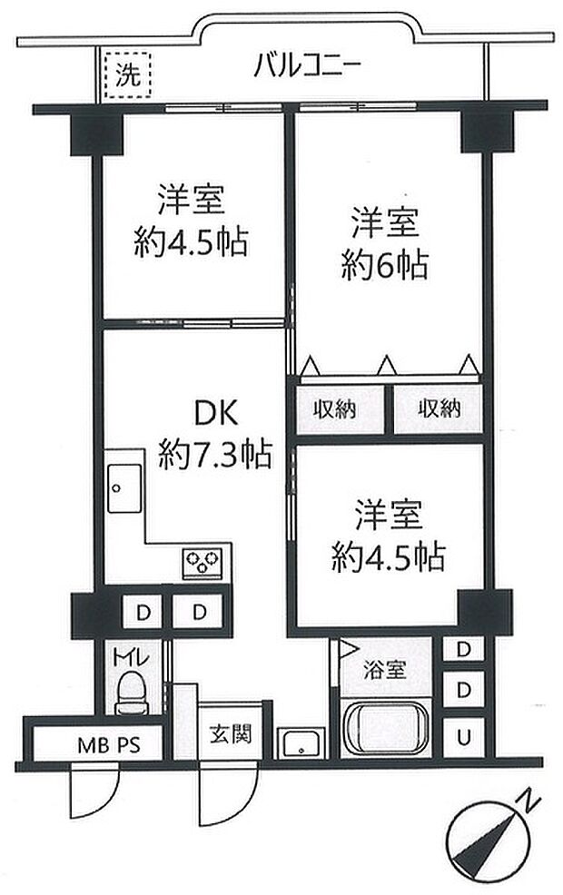 市川サニーハイツ(3DK) 4階の間取り図