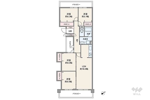 間取りは専有面積89.96平米の4LDK。両面と中央にバルコニーがある、センターインのプラン。居室はすべて洋室仕様です。キッチンは生活感が伝わりにくい独立型。バルコニー面積は17.01平米です。