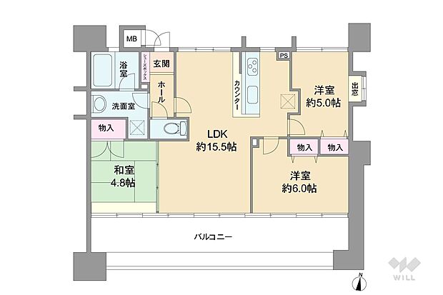 間取りは専有面積65.06平米の3LDK。LDK約15.5帖のワイドスパンプラン。室内廊下が短く、居住スペースが広く確保されています。バルコニー面積は19.48平米です。
