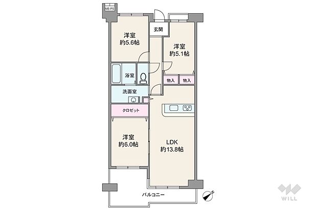 間取り図。14階建て2階部分、南東向きのため眺望・通風良好です！67.08?の3LDKのお部屋です。