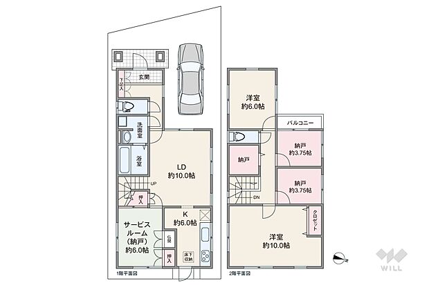 【間取り図】2階建延床面積109.3平米の広々とした間取り。リビング階段で家族のコミュニケーションの取りやすいプランです。
