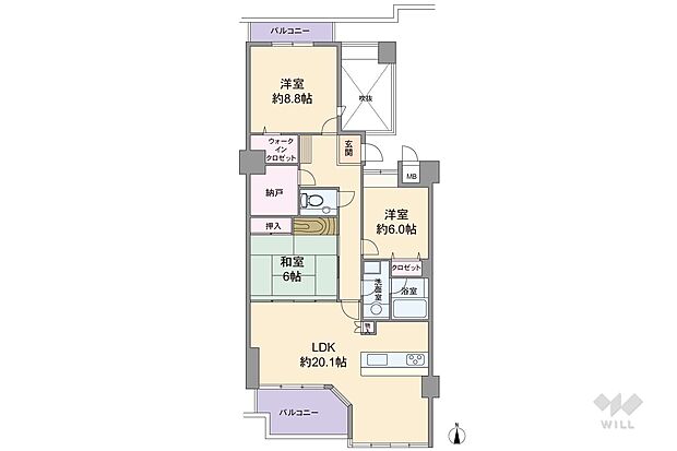 間取りは専有面積98.41平米の3LDK+N。全居室6帖以上の広さが確保されたプラン。バルコニーが両面にあるセンターインタイプです。LDKは約20.1帖、隣接する和室の