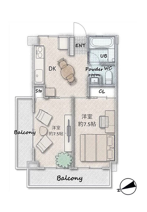 調布たま川台住宅(2DK) 5階の間取り図