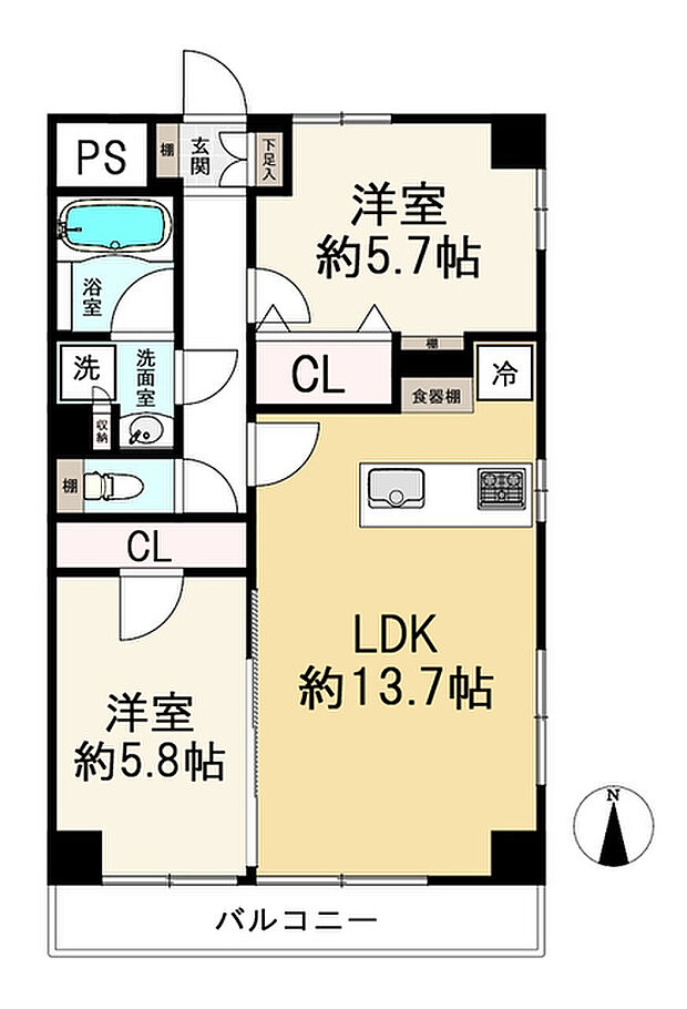 上町マンション(2LDK) 1階の間取り図