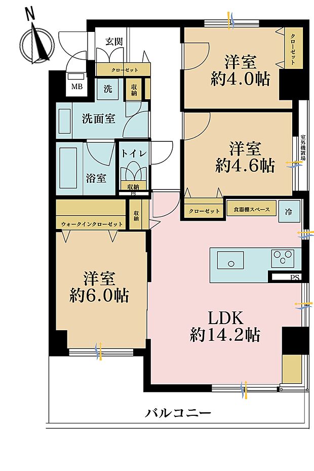 3LDK、専有面積66.67m2、バルコニー面積9.67m2