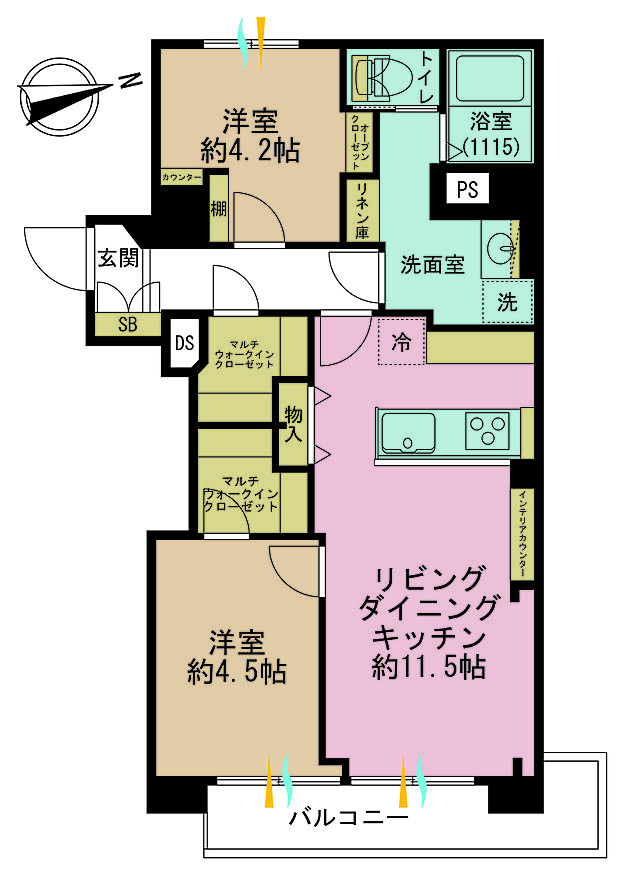 2LDK、専有面積54.96m2、バルコニー面積6.98m2