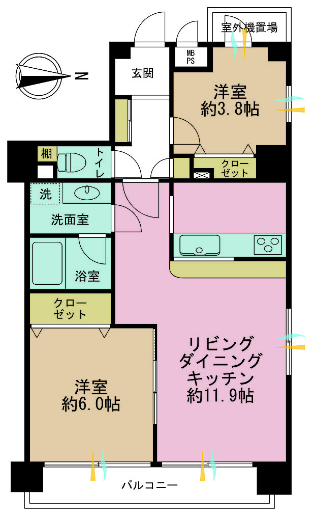 アルシェ上野松が谷(2LDK) 2階の間取り図