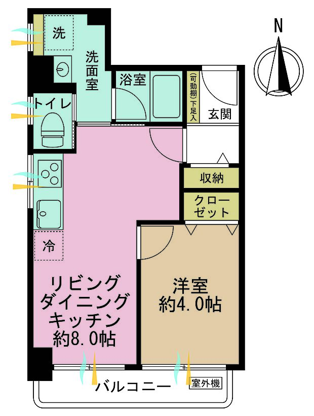 1LDK、専有面積32.66m2、バルコニー面積2.5m2