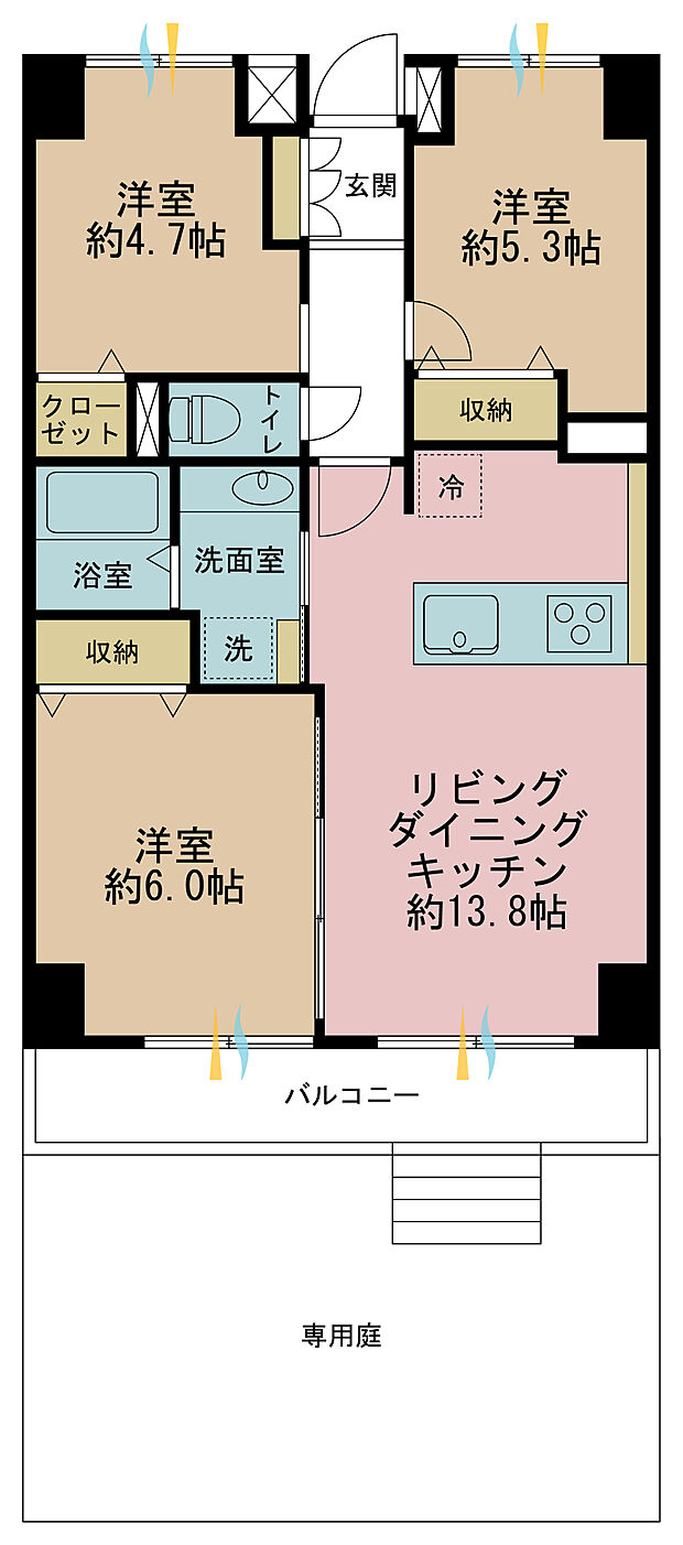 3LDK、専有面積70.4m2、バルコニー面積7.52m2