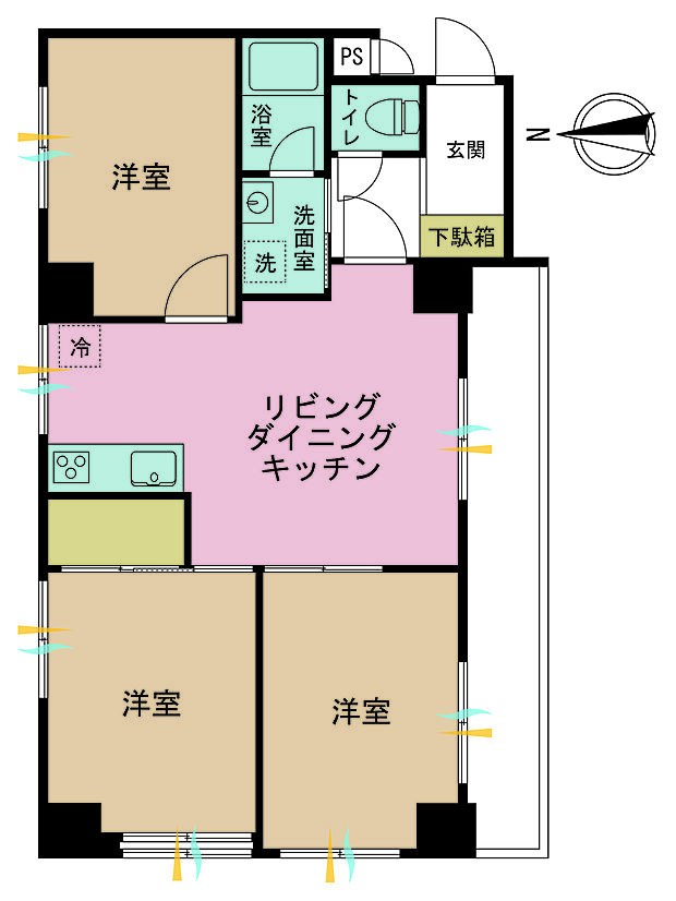 3LDK、専有面積59.58m2、バルコニー面積9.24m2