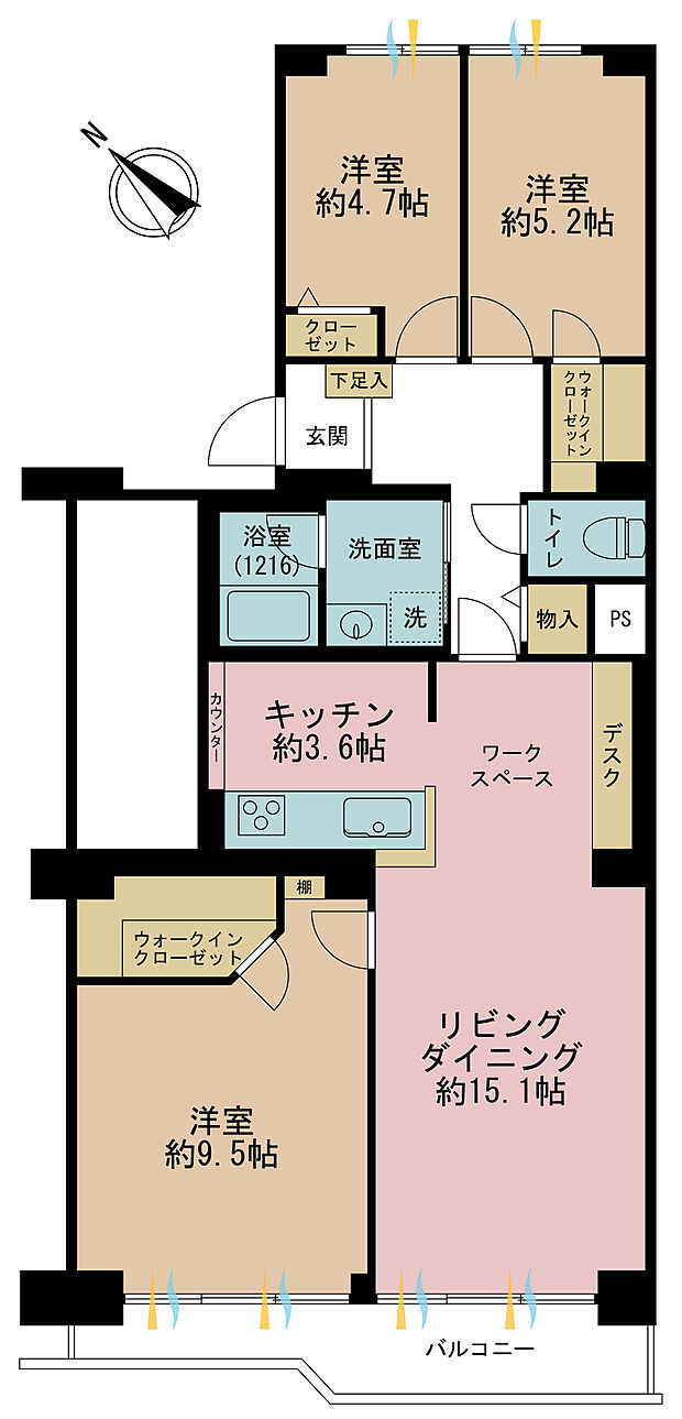日吉第二ハイムＢ棟(3LDK) 9階の間取り図