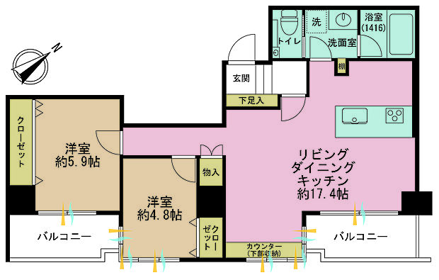 リリファ川崎ブライトクロス(2LDK) 1階の間取り図