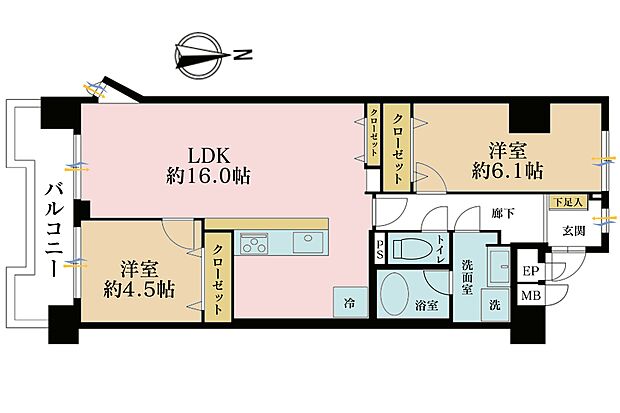 グリーンプラザ川崎(2LDK) 6階の間取り図