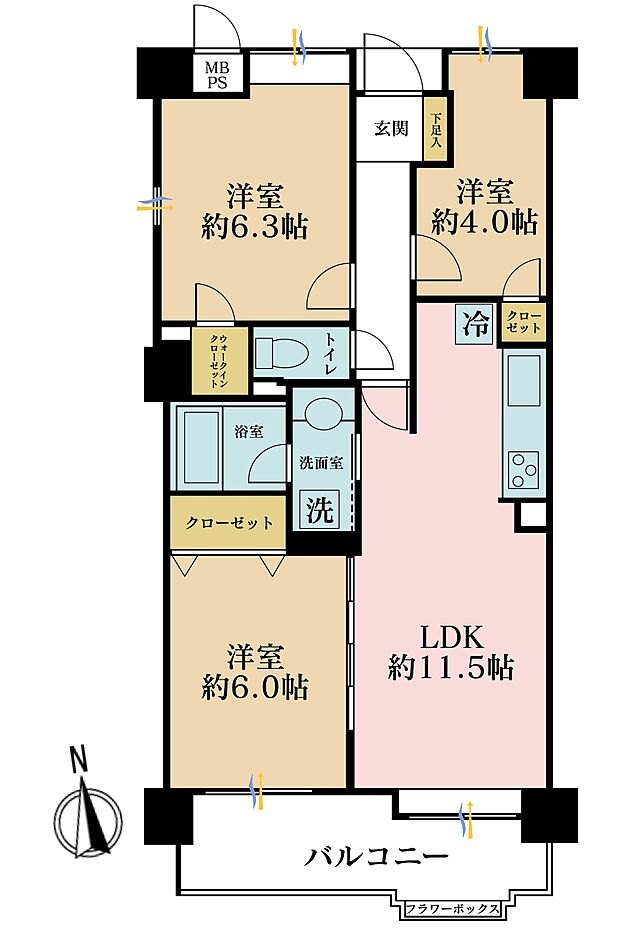 アブニール横浜大口(3LDK) 6階の間取り図