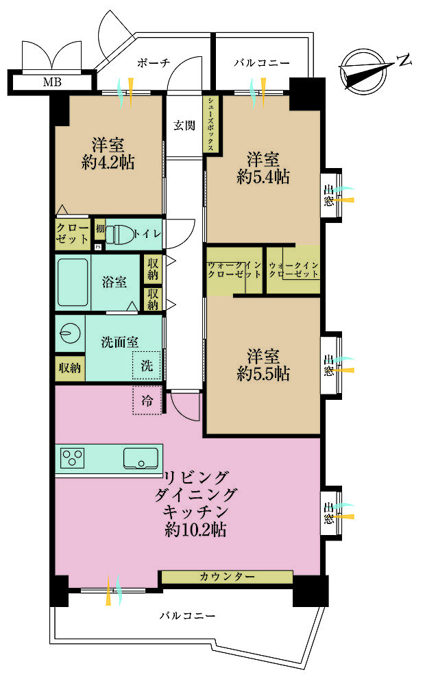 3LDK、専有面積68.97m2、バルコニー面積12.29m2