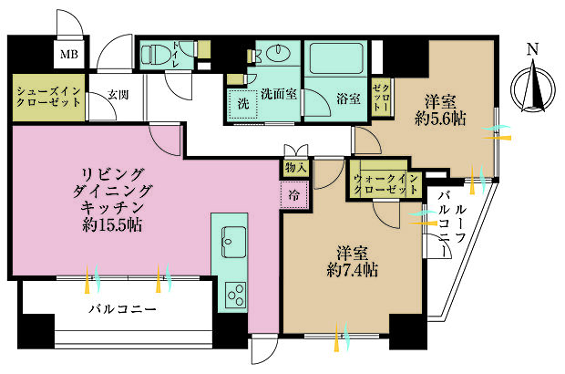 2LDK、専有面積67.64?、バルコニー面積7.59? 