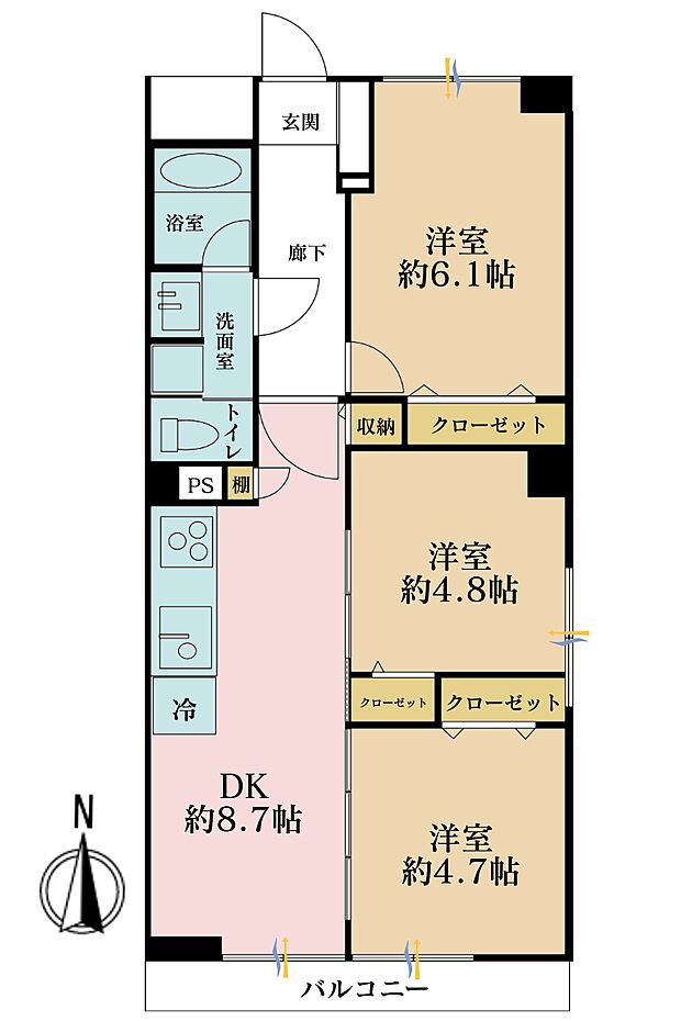 大島三丁目団地第2号棟(3DK) 4階の間取り図