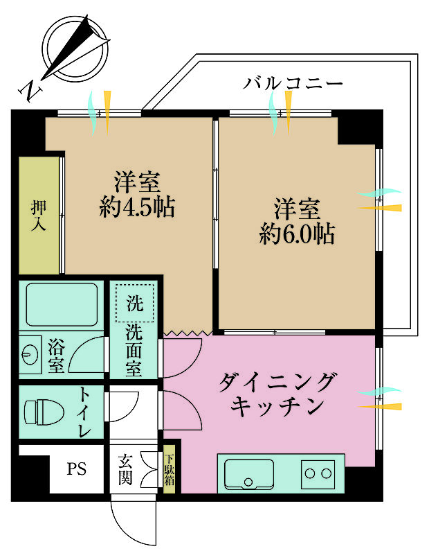 2DK、専有面積33.65m2