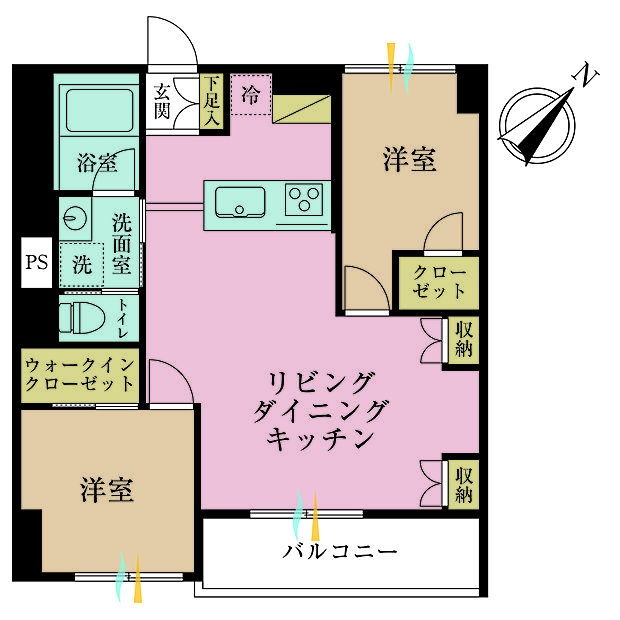 2LDK、専有面積53.55m2